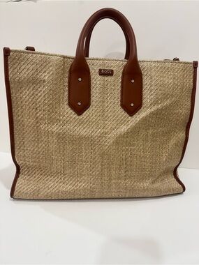 Boss Natural Straw Tote with Brown Leather Trim